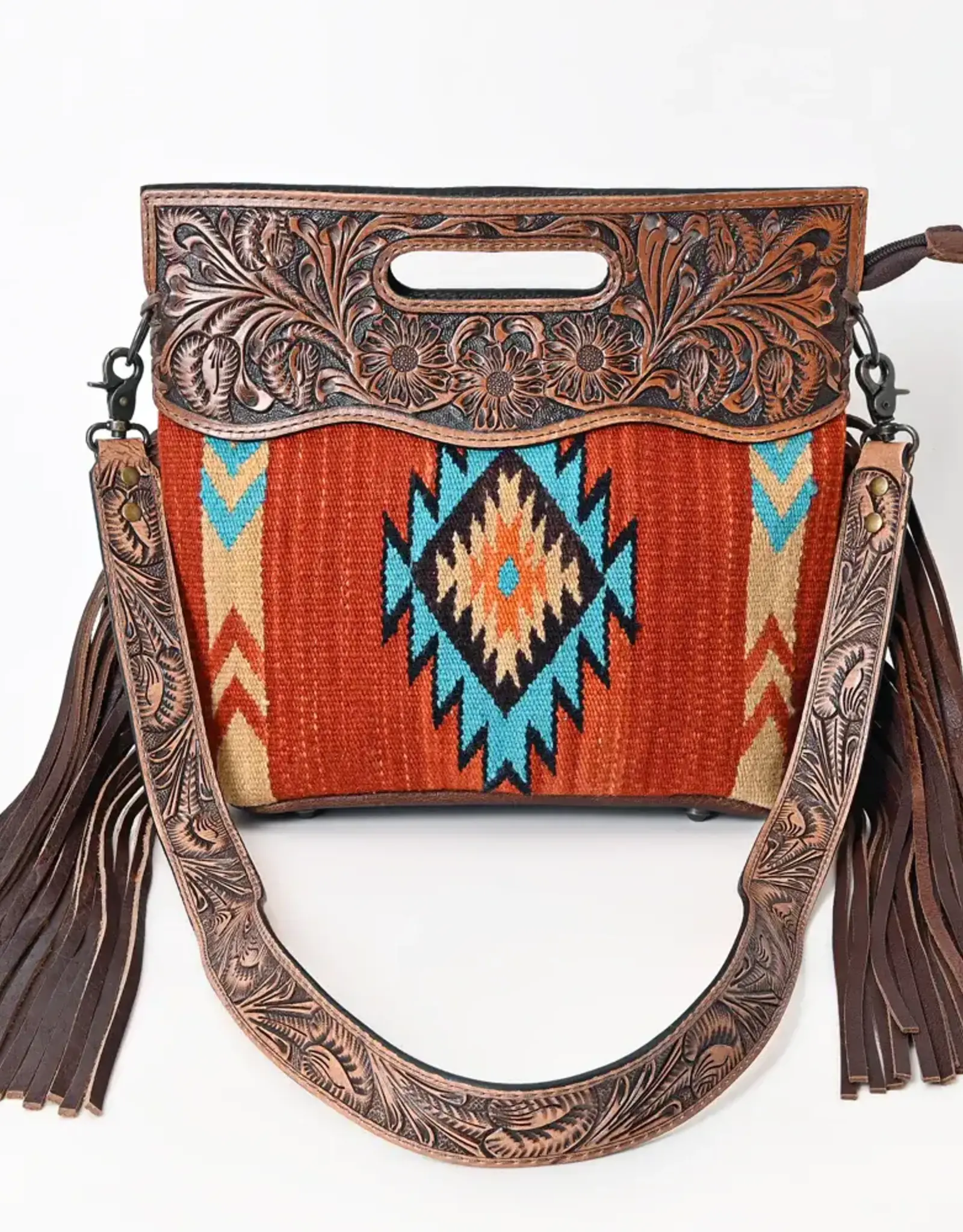 American Darling American Darling Tooled Full Grain Leather Saddle Blanket Clutch Crossbody Purse