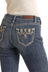 Womens Rock N Roll Mid Rise Boot Cut Cream Embellished Back Pocket Western Denim Riding Jean