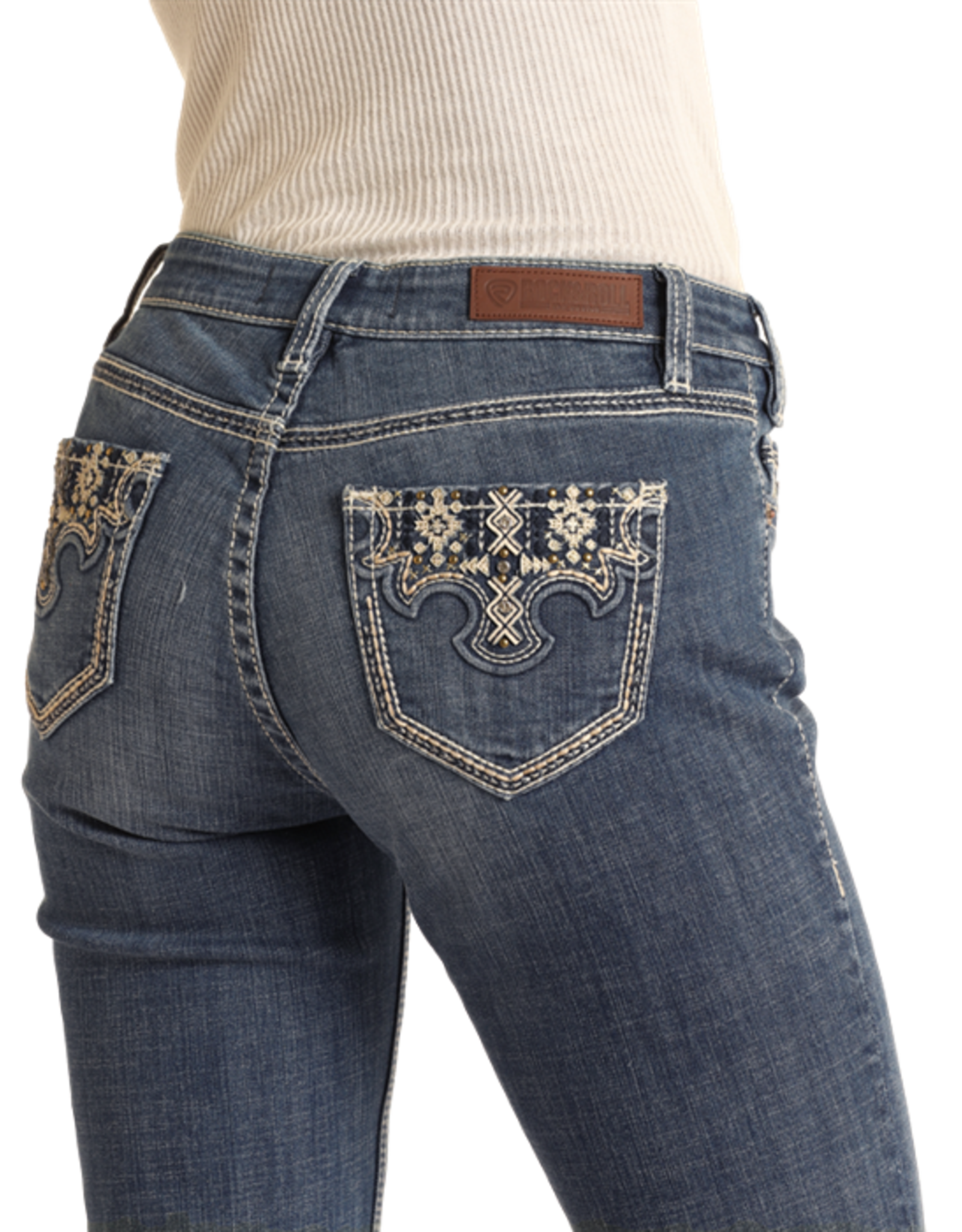 Womens Rock N Roll Mid Rise Boot Cut Cream Embellished Back Pocket Western Denim Riding Jean