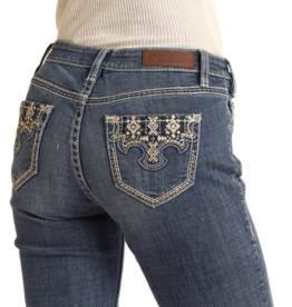 Womens Rock N Roll Mid Rise Boot Cut Cream Embellished Back Pocket Western Denim Riding Jean