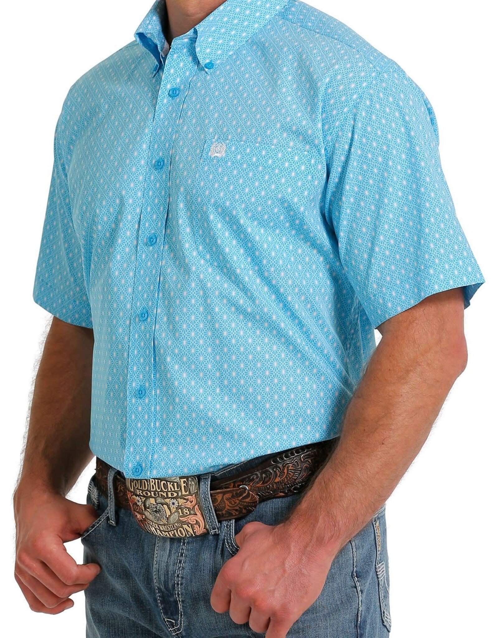 Cinch Mens Cinch Short Sleeve  Light Turquoise Geo Print Western Button Shirt