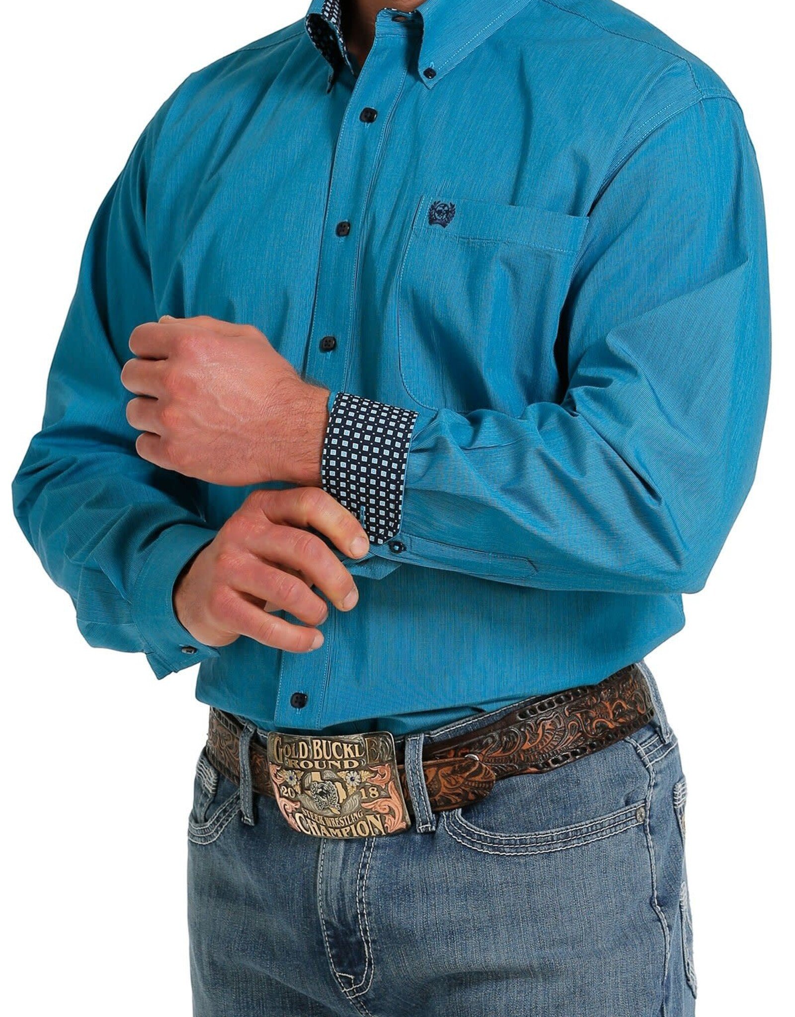 Cinch Mens Cinch Long Sleeve Turquoise Navy Micro Stripe Western Button Down Shirt