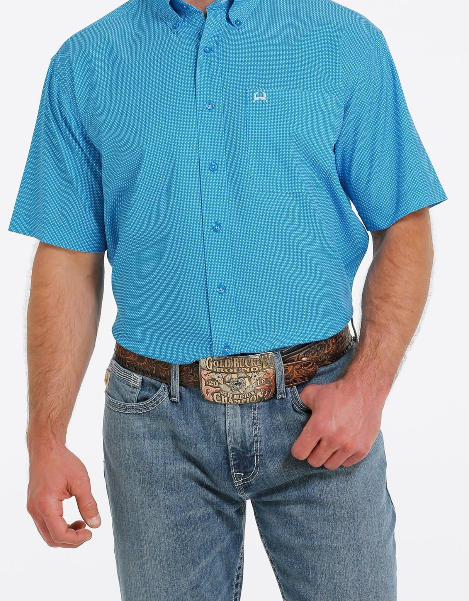 Cinch Mens Cinch ArenaFlex Blue Short Sleeve Western Button Shirt