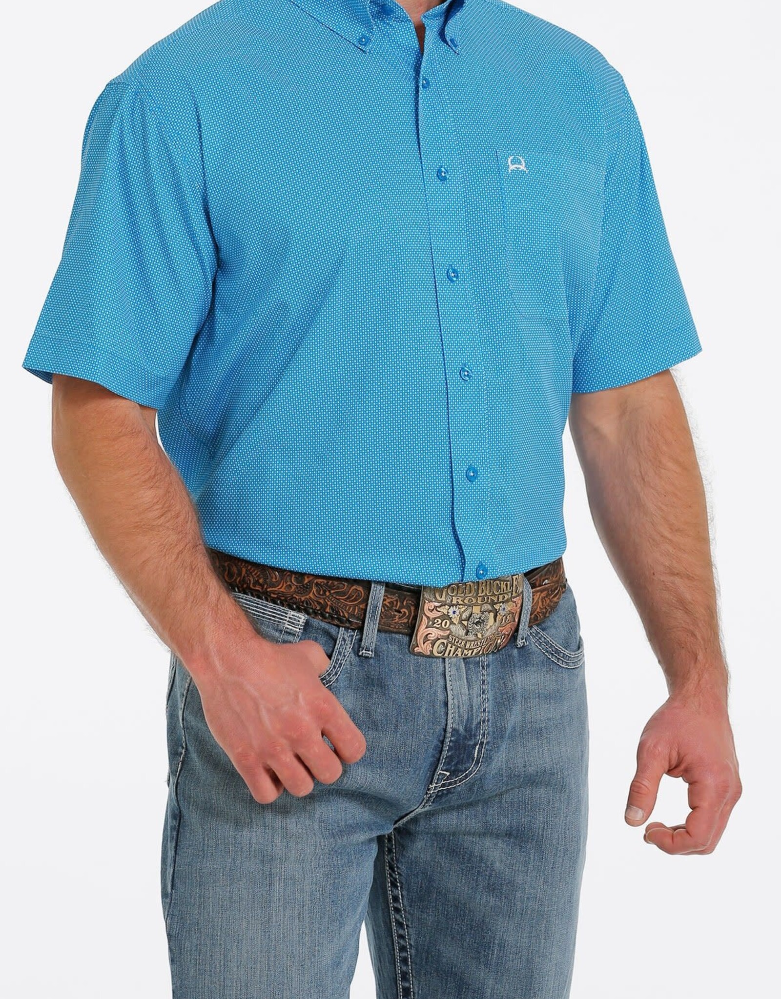 Cinch Mens Cinch ArenaFlex Blue Short Sleeve Western Button Shirt