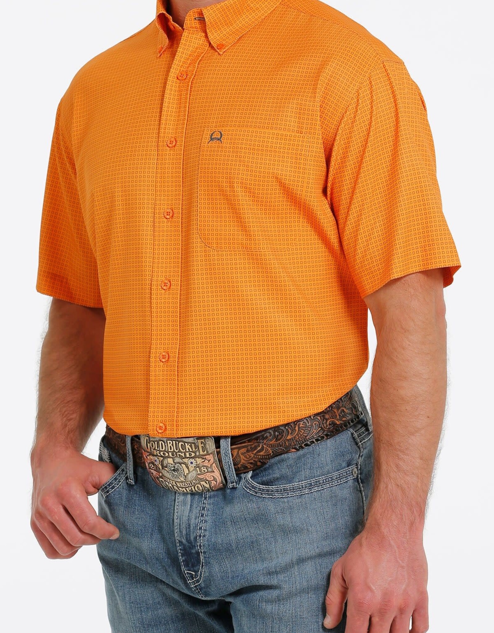Cinch Mens Cinch ArenaFlex Orange Print Short Sleeve Button Shirt