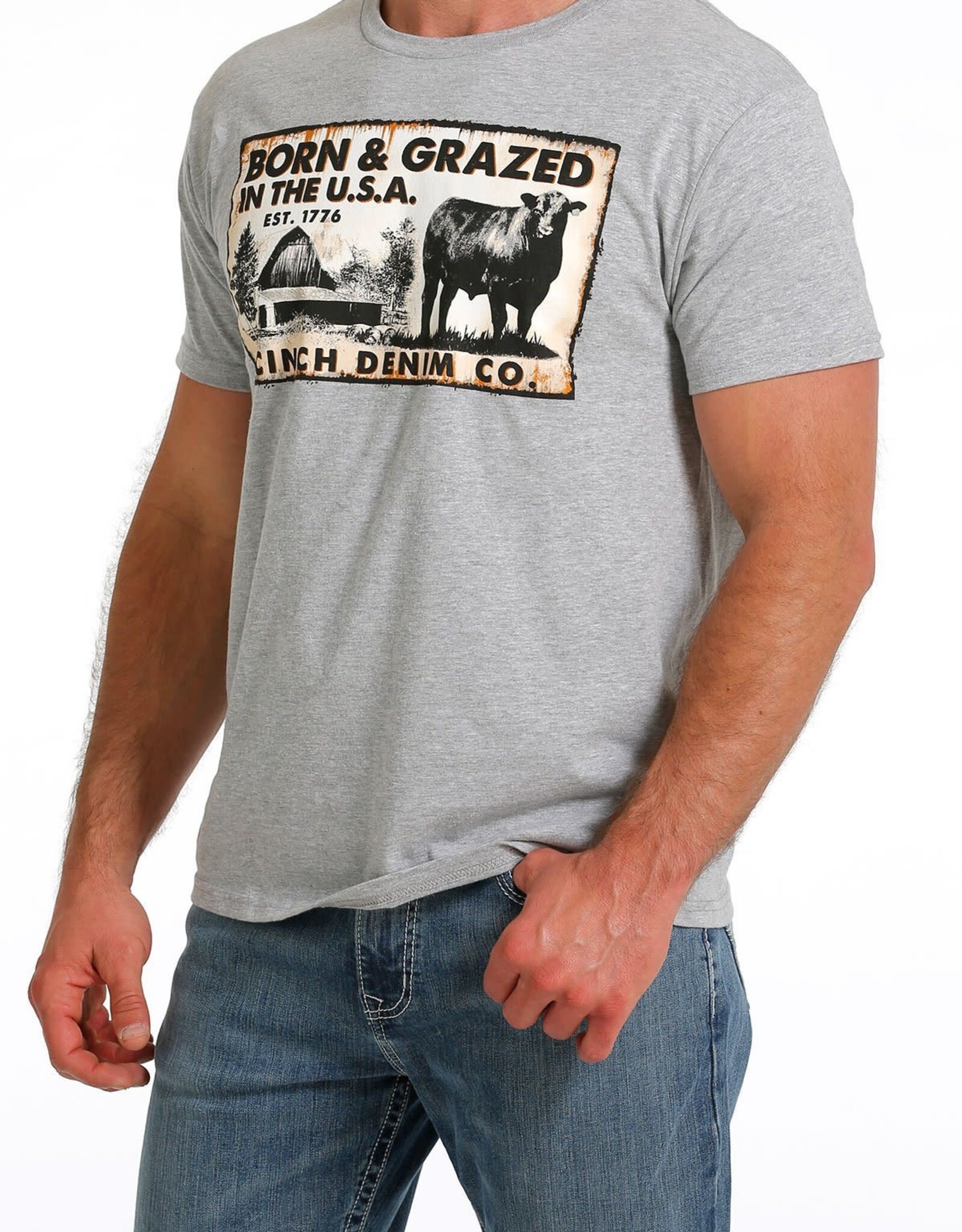 Cinch Mens Cinch Short Sleeve  Heather Grey Born & Grazed In The USA T Shirt