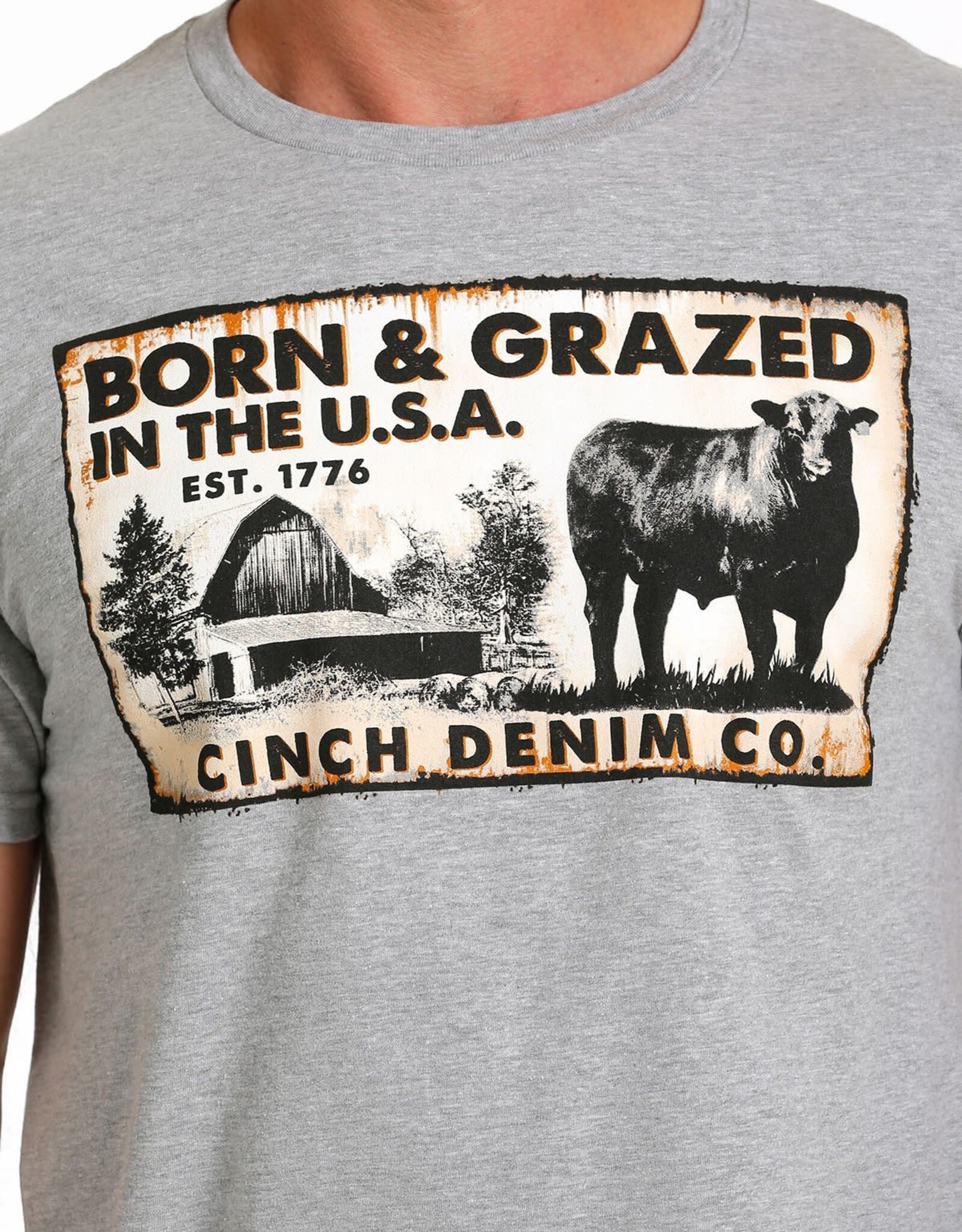 Cinch Mens Cinch Short Sleeve  Heather Grey Born & Grazed In The USA T Shirt