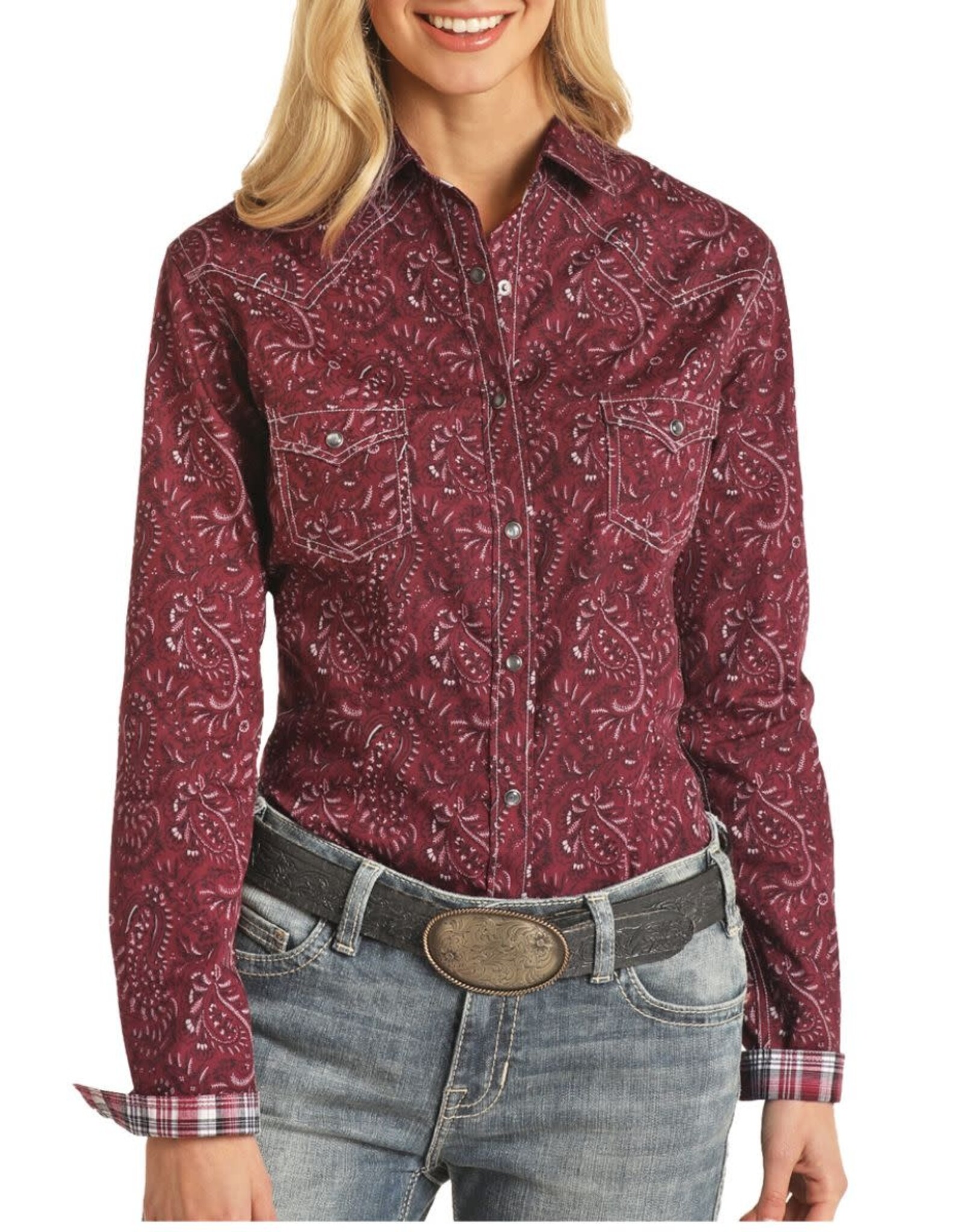 Womens Panhandle Slim Rough Stock Burgundy Retro Long Sleeve Western Snap Shirt