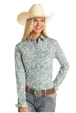 Womens Panhandle Slim Rough Stock Stretch Turquoise Tan Long Sleeve Western Snap Shirt