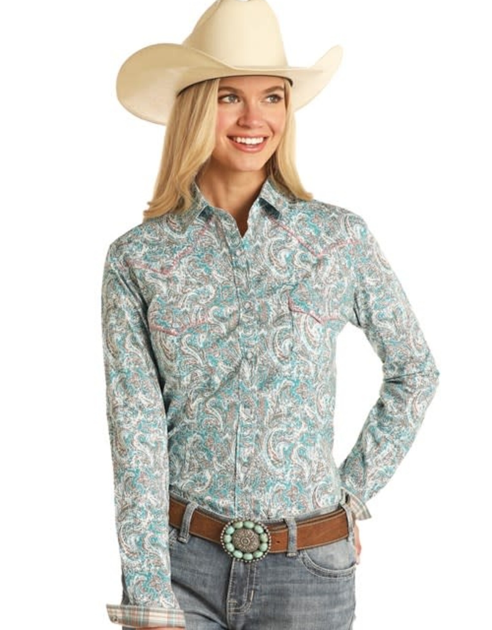 Womens Panhandle Slim Rough Stock Stretch Turquoise Tan Long Sleeve Western Snap Shirt