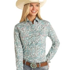 Womens Panhandle Slim Rough Stock Stretch Turquoise Tan Long Sleeve Western Snap Shirt