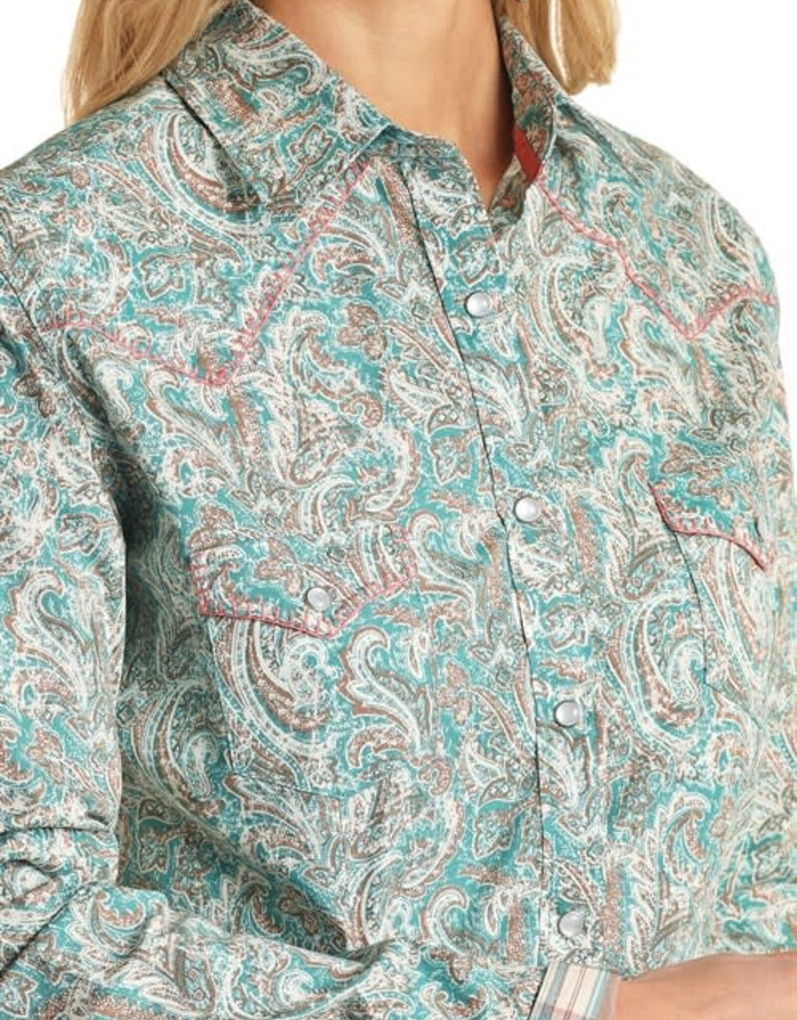 Womens Panhandle Slim Rough Stock Stretch Turquoise Tan Long Sleeve Western Snap Shirt