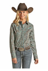 Womens Rock N Roll Denim Caribbean Turquoise Brown Paisley Snap Western Shirt