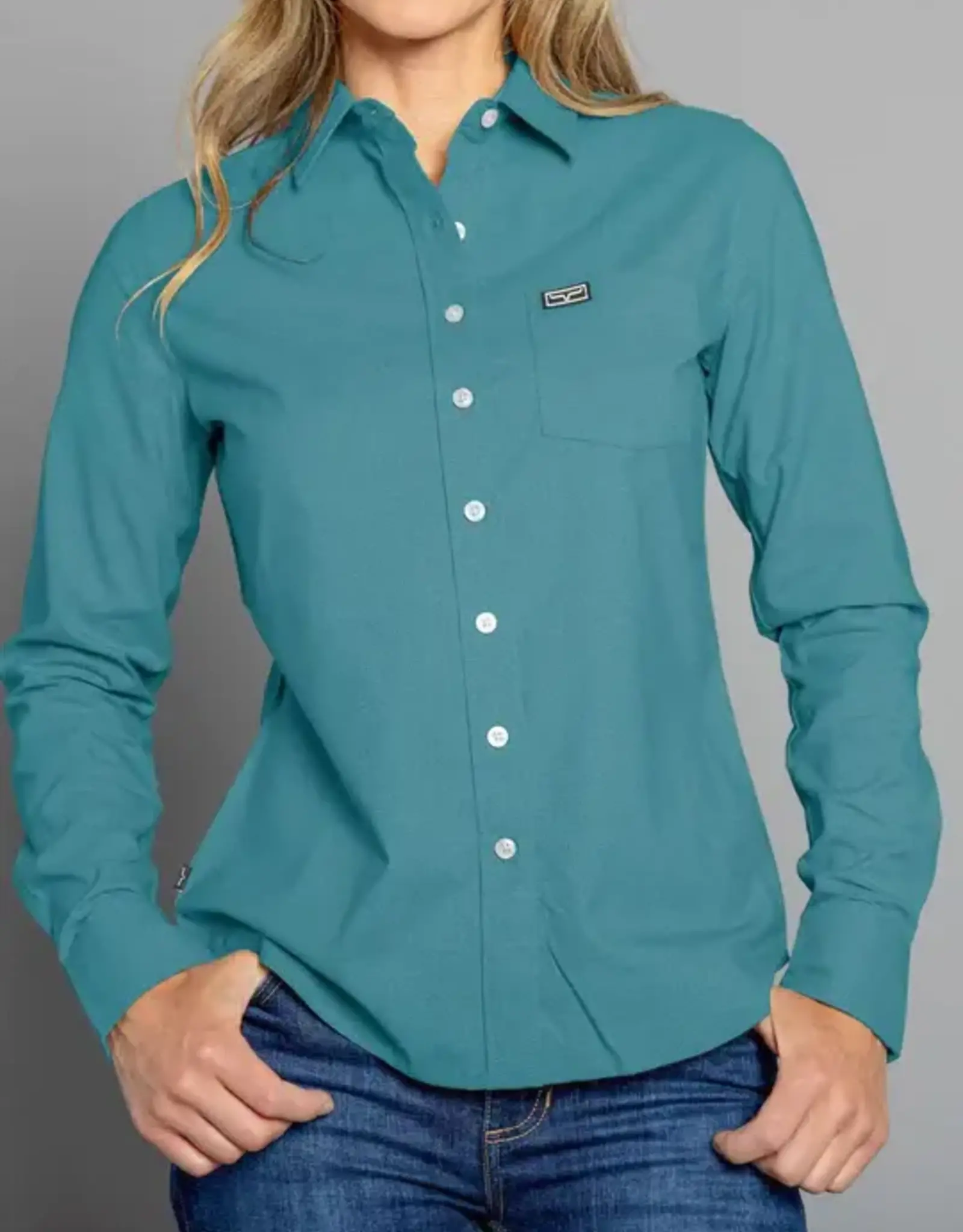 Womens Kimes Linville Coolmax Solid Button Down Shirt Blue