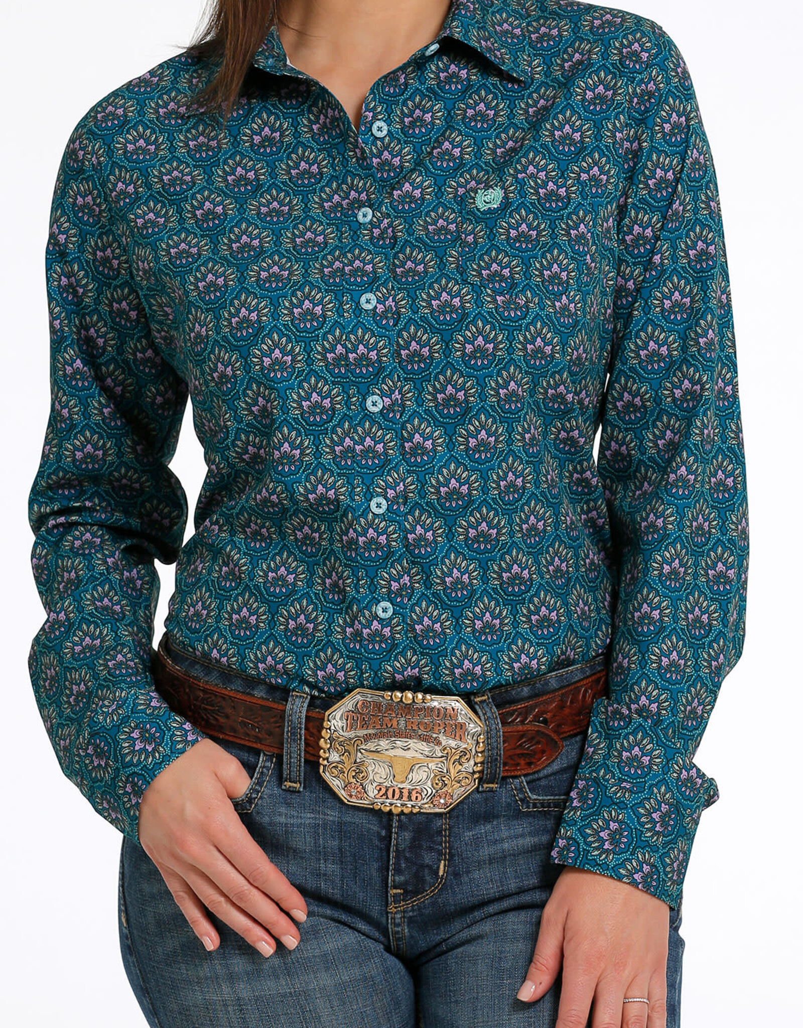 Cinch Womens Cinch Teal Print Arena Flex Long Sleeve Button Western Shirt