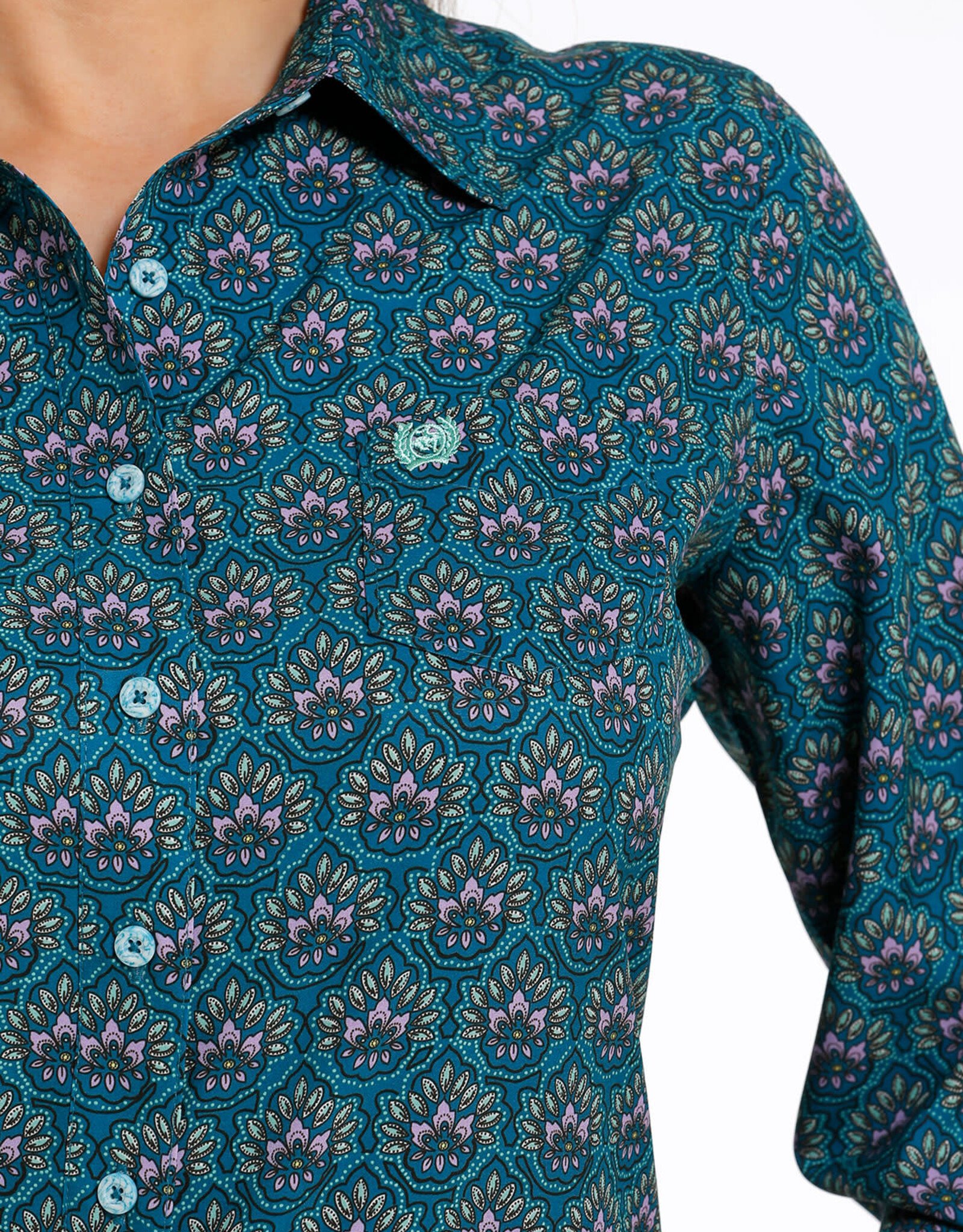 Cinch Womens Cinch Teal Print Arena Flex Long Sleeve Button Western Shirt