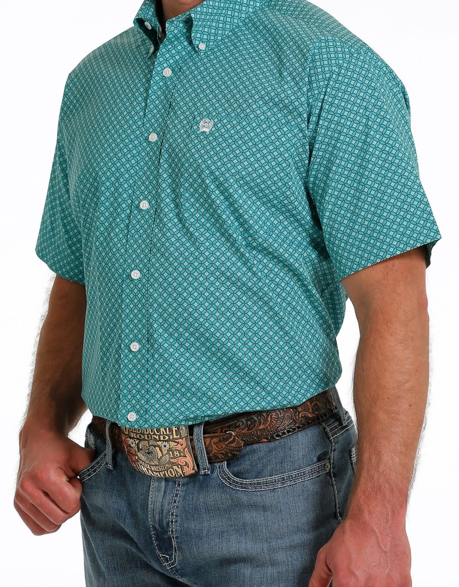 Cinch Mens Cinch Short Sleeve Turquoise Print Western Button Shirt