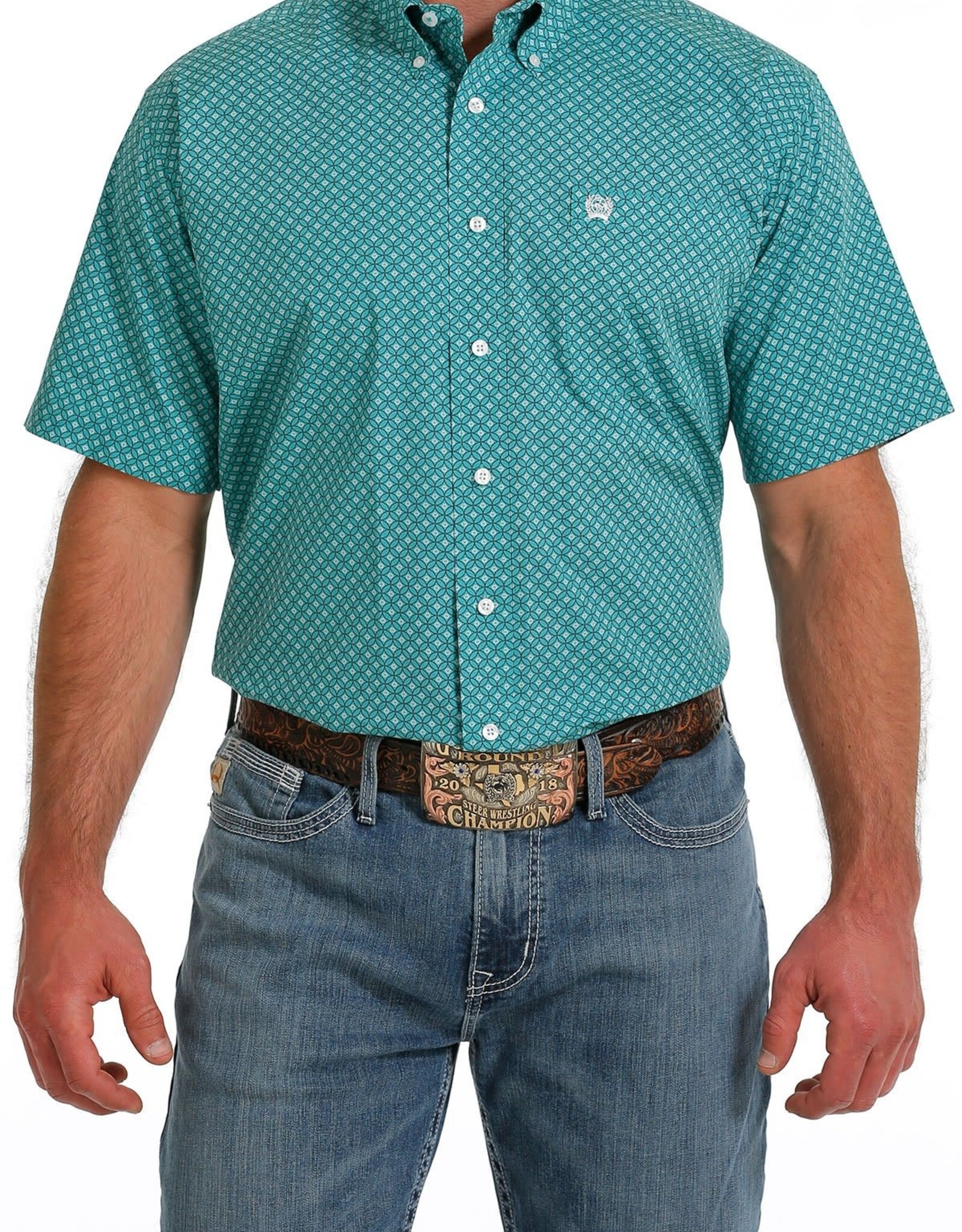 Cinch Mens Cinch Short Sleeve Turquoise Print Western Button Shirt