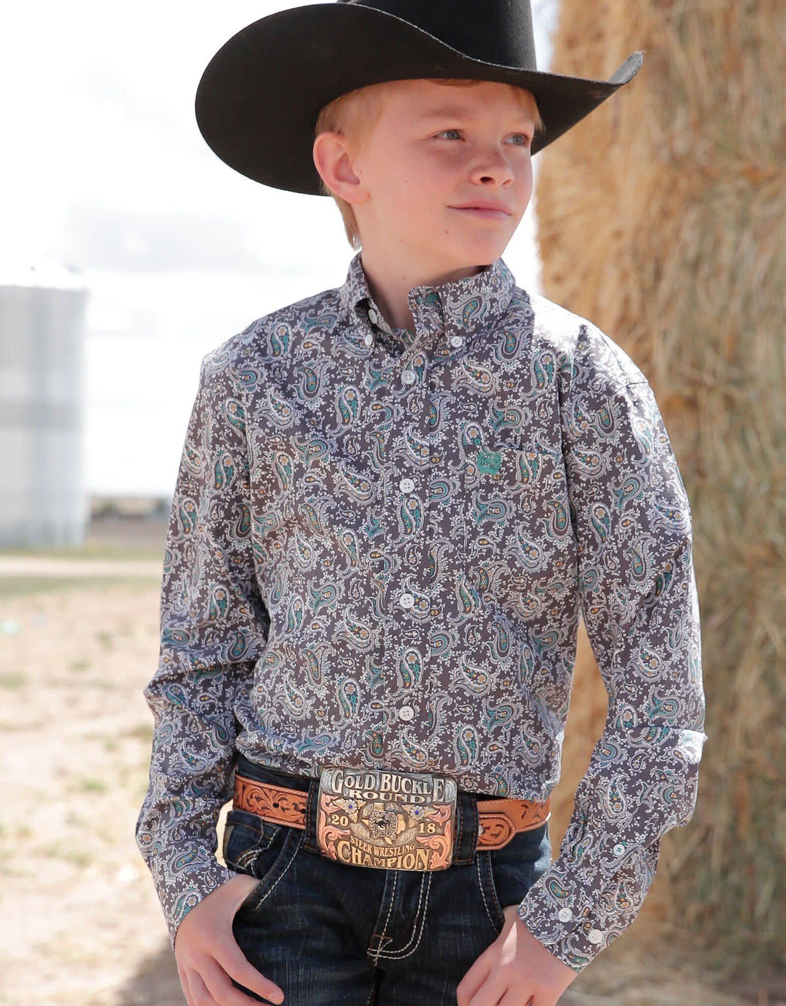 Cinch Boys Cinch Grey Green Paisley Long Sleeve Button Western Shirt