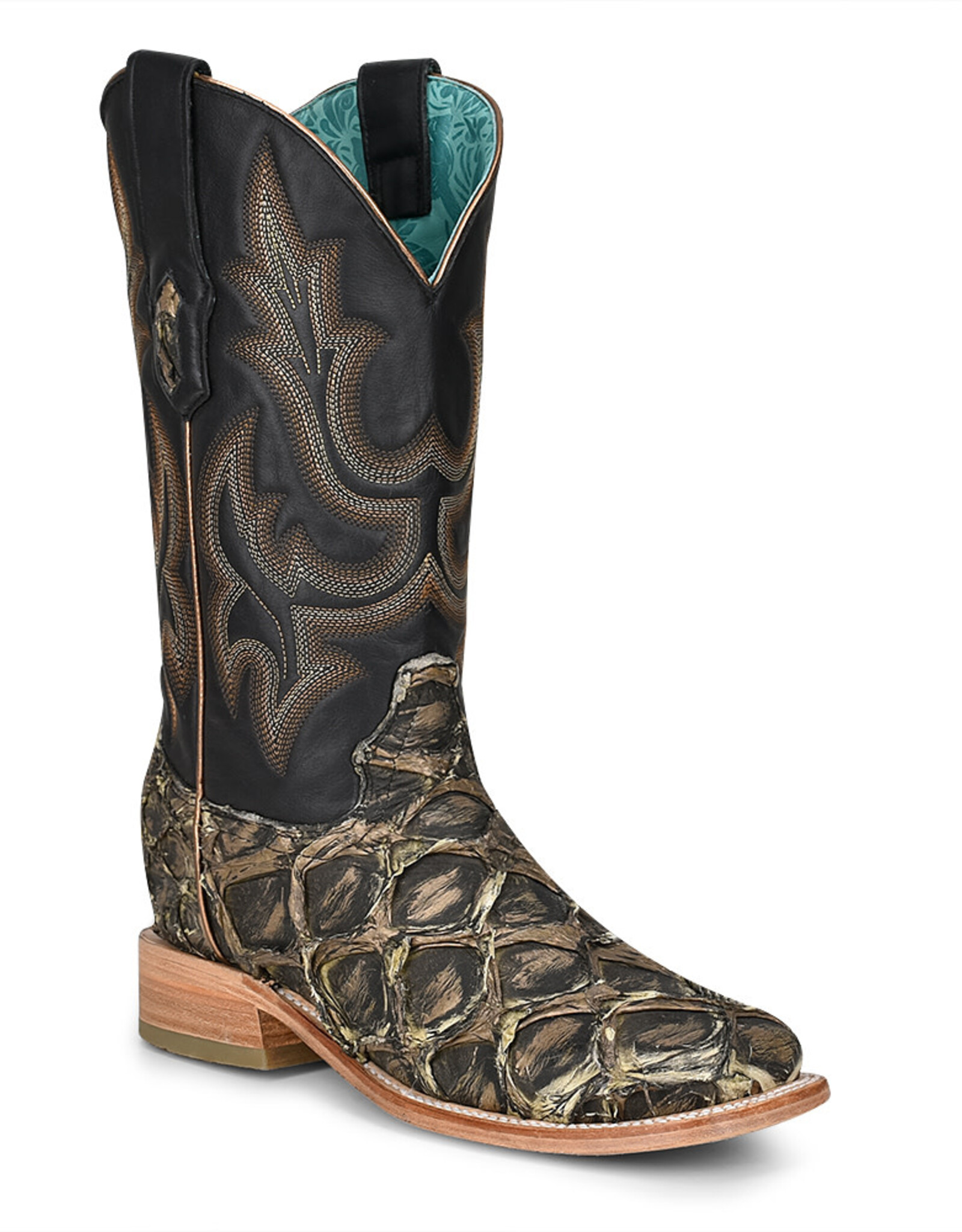 Womens Corral Black Olive Pirarucu Exotic Embroidered Western Square Toe Cowboy Boot