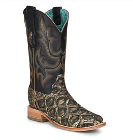 Womens Corral Black Olive Pirarucu Exotic Embroidered Western Square Toe Cowboy Boot