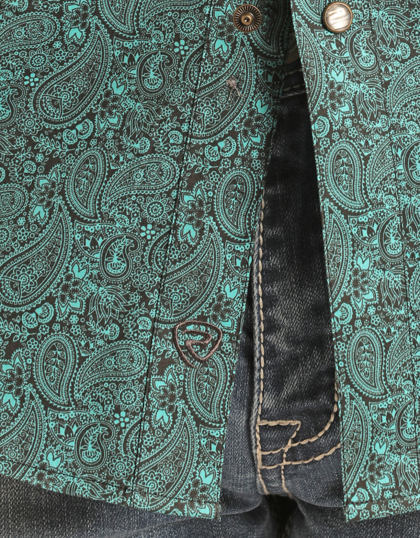 Mens Rock  & Roll Denim Black Teal Paisley Long Sleeve Western Snap Shirt