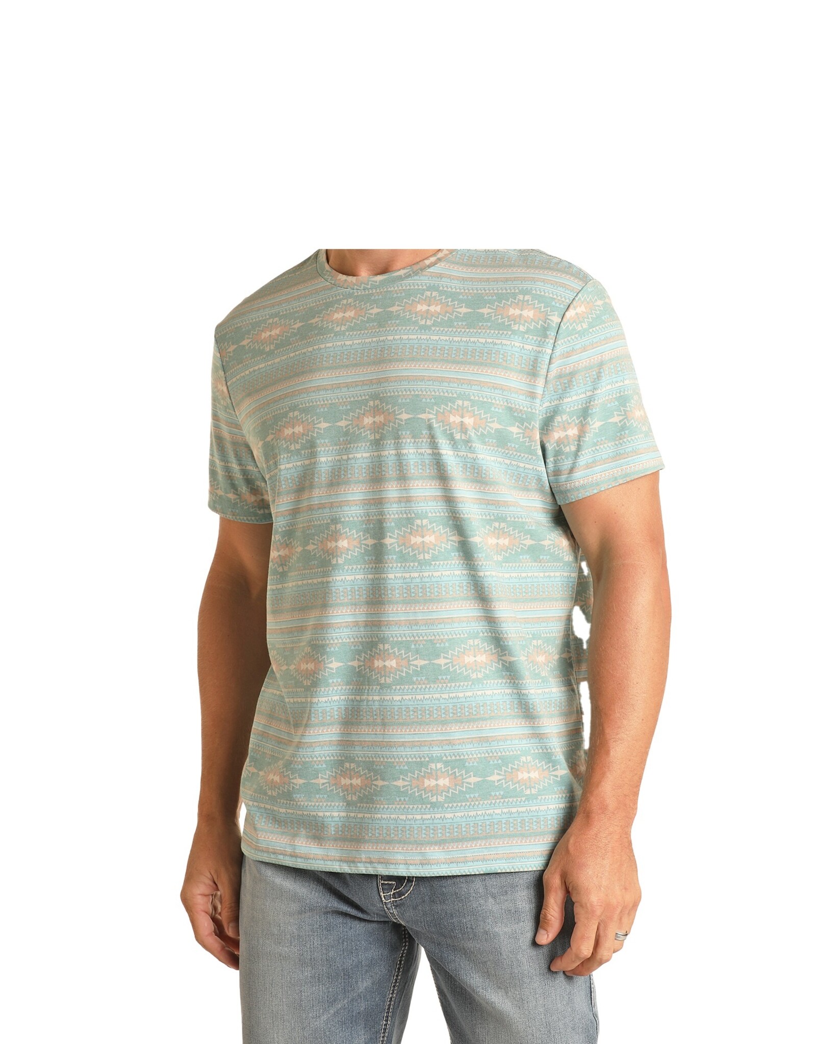 Rock & Roll Denim All Over Aztec Print Short Sleeve T Shirt