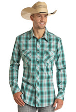 Mens Rock  & Roll Denim Turquoise Black Plaid Long Sleeve Western Snap Shirt