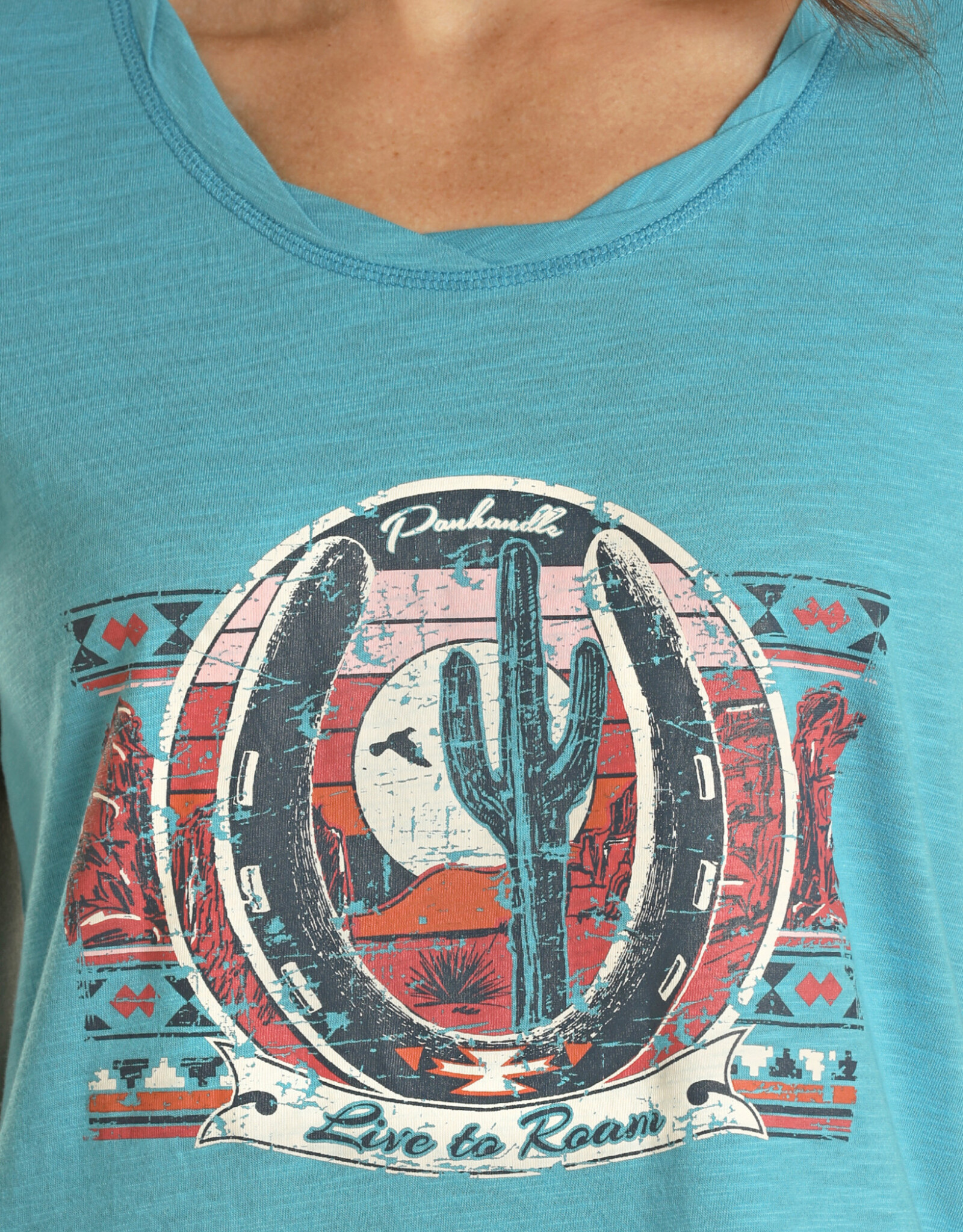 Womens Panhandle Slim Bright Blue Horseshoe Cactus Short Sleeve T Shirt