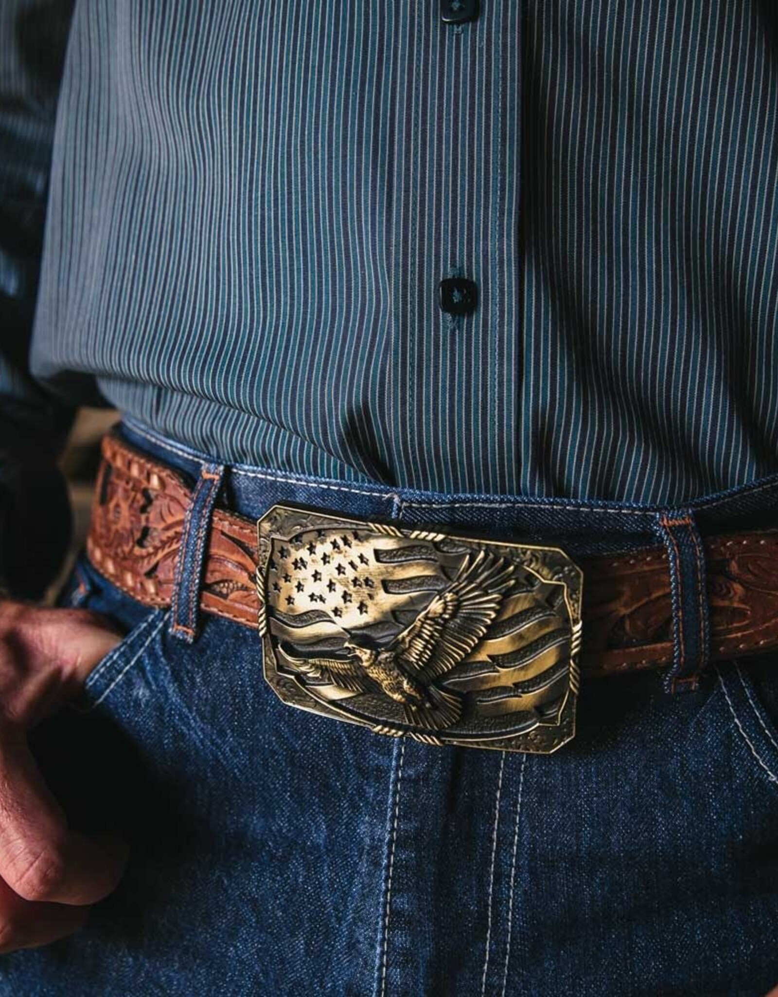 Rectangle Brass Eagle and American Flag Western Belt Buckle