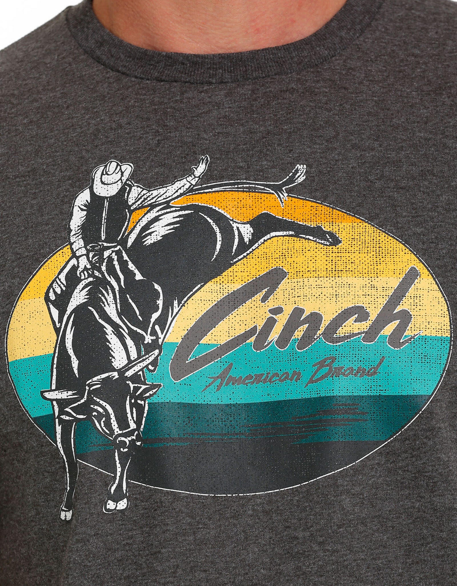 Cinch Mens Cinch Short Sleeve  Heather Chocolate Sunrise Bucking Horse T Shirt