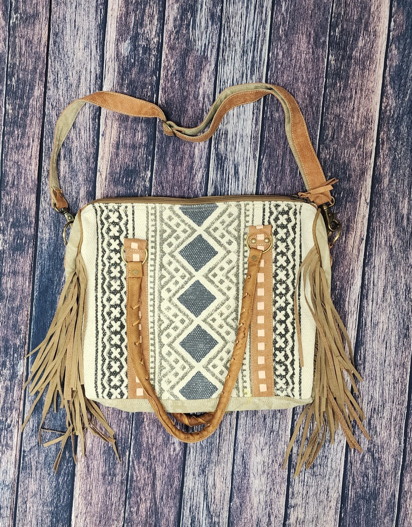 Olay Purses Olay Leather and Upcycled Aztec Print Canvas Tote and Crossbody with Fringe