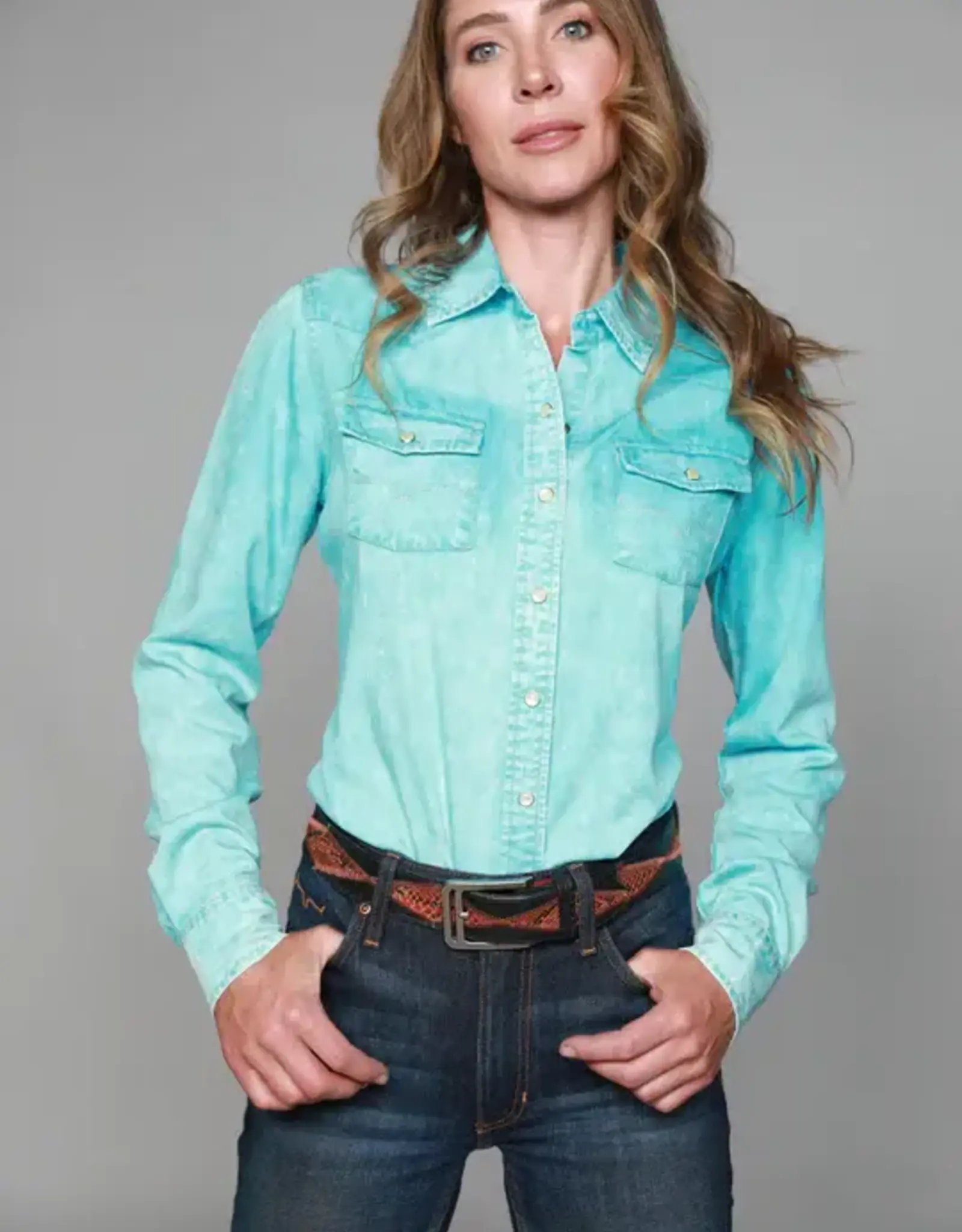 Womens Kimes KC Turquoise Tencel Denim Button Down Western Shirt