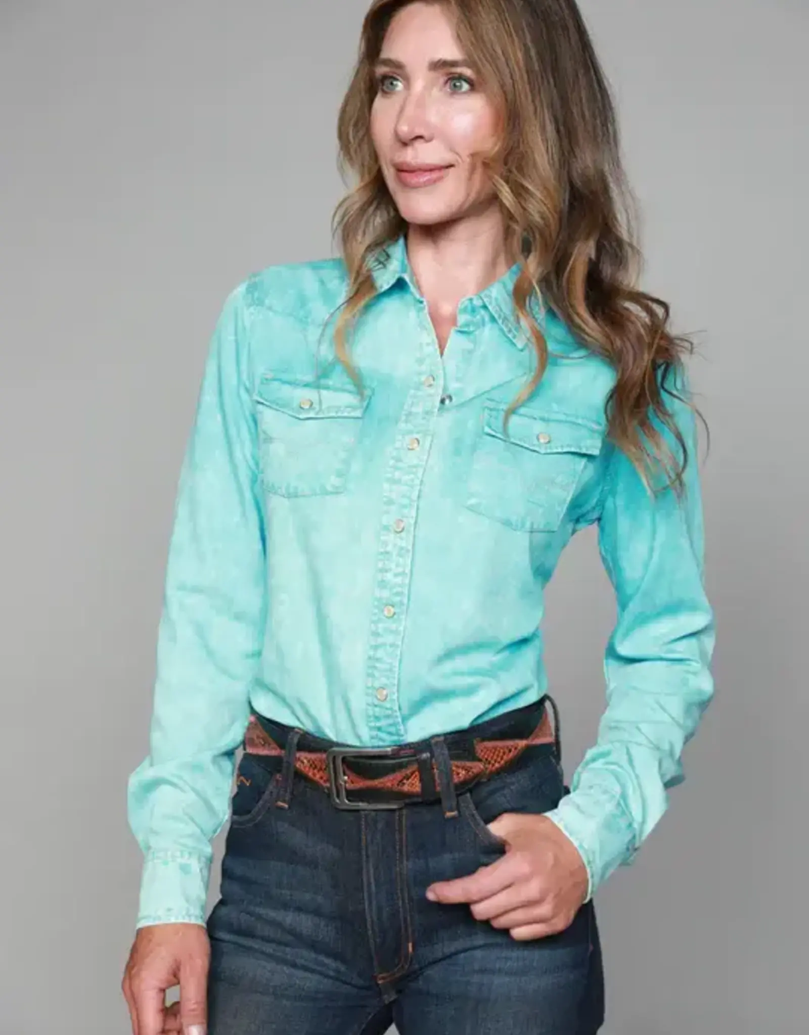 Womens Kimes KC Turquoise Tencel Denim Button Down Western Shirt