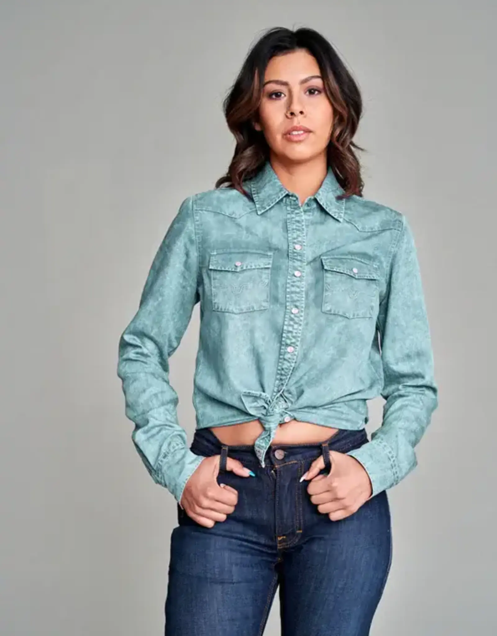 Women's 3/4 Sleeve Button Down Denim Tencel Shirt Blouse w/Cut Tail