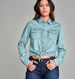 Womens Kimes Kaycee Light Blue Denim Tencel Denim Button Down Western Shirt