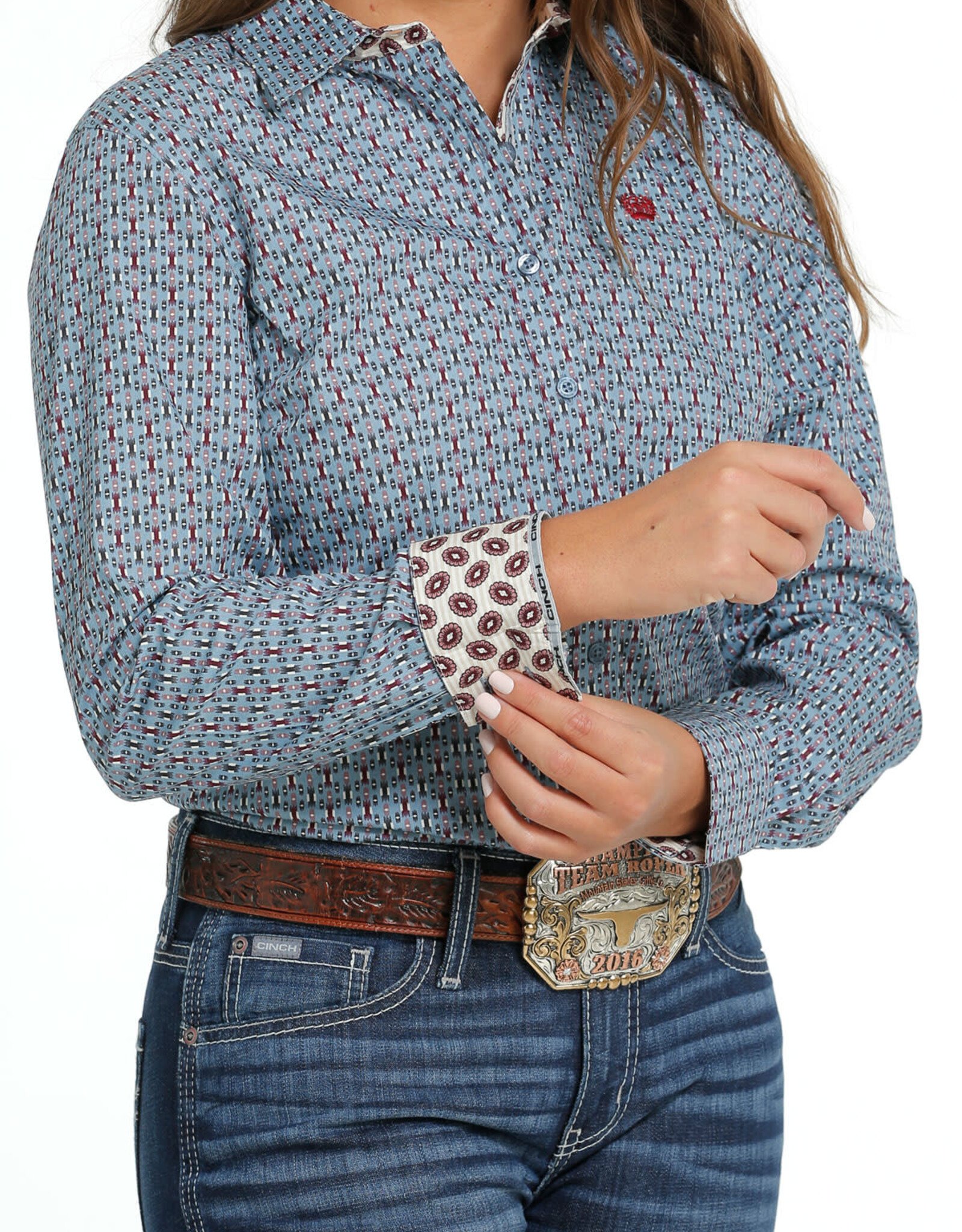 Cinch Cinch Womens Light Blue Burgundy Print Long Sleeve Button Western Arena Shirt