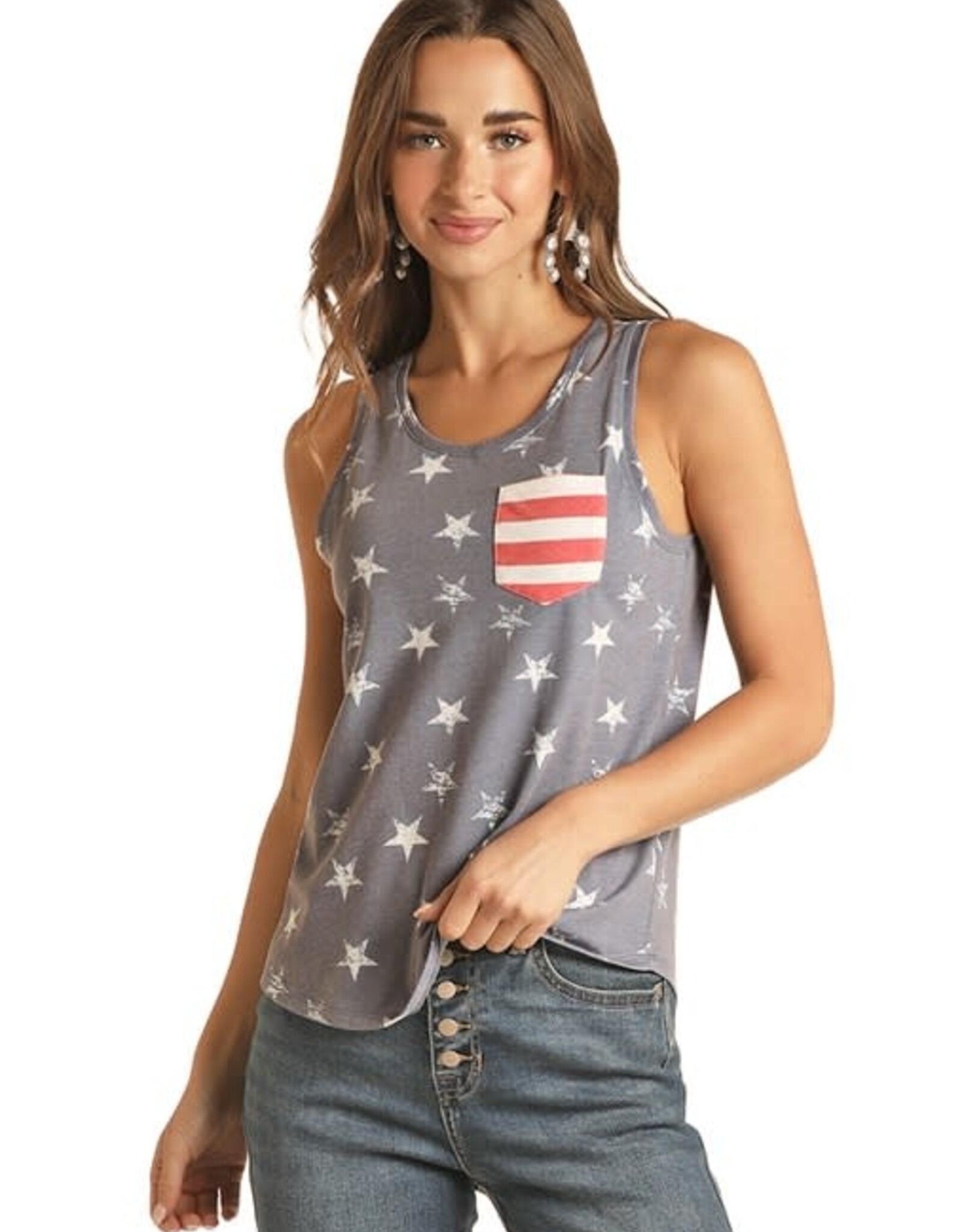 Womens Rock N Roll Denim Stars N Stripes Blue Tank Top