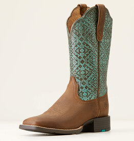 Ariat Ariat Womens  Brown Turquoise Blanket Embossed Round Up Wide Square Toe Cowboy Boot