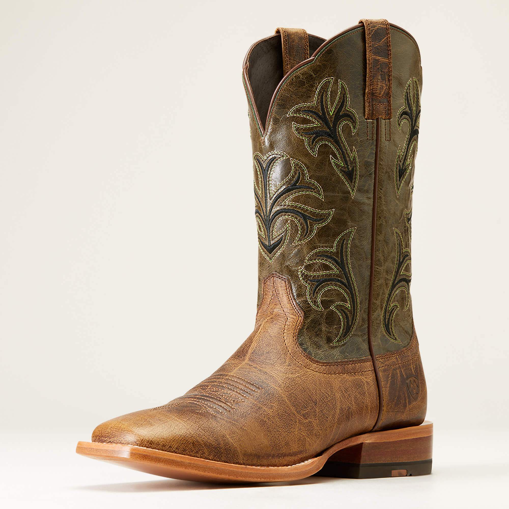 Mens Ariat Wide Square Toe Cowboss Crinkled Brown Prairie Green