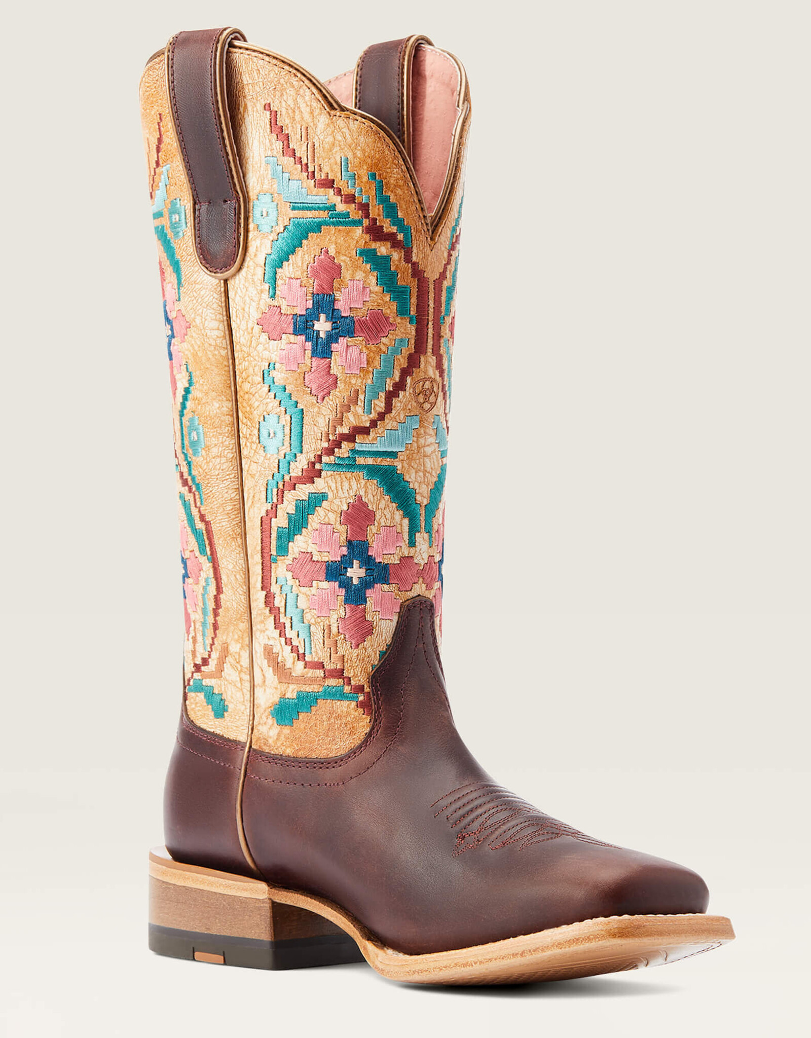 Ariat Ariat Womens  Brazen Tan Sanded White Embroidered Wide Square Toe Cowboy Boot