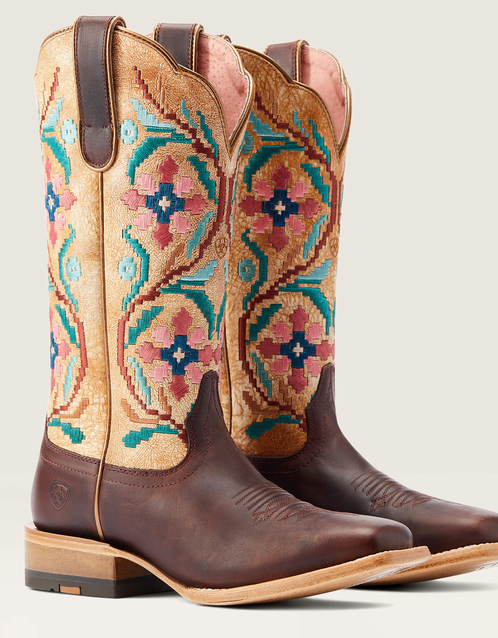 Ariat Ariat Womens  Brazen Tan Sanded White Embroidered Wide Square Toe Cowboy Boot