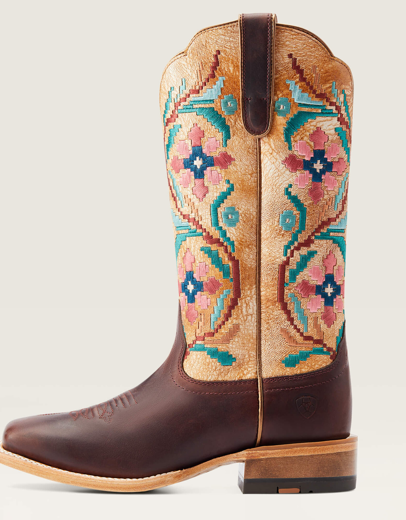 Ariat Ariat Womens  Brazen Tan Sanded White Embroidered Wide Square Toe Cowboy Boot