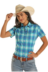 Womens Panhandle Rough Stock Turquoise Blue Plaid  Short Sleeve Button Western Shirt