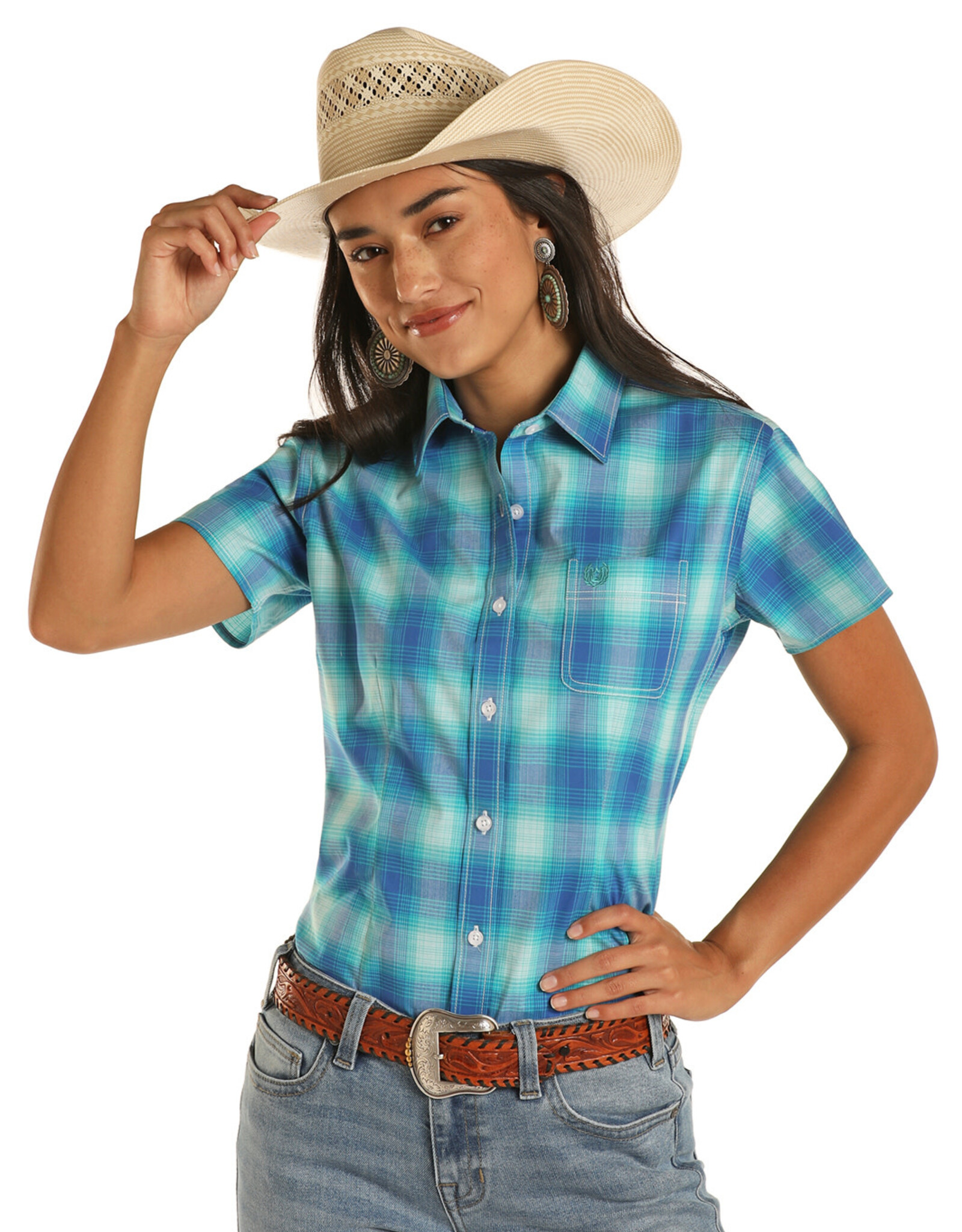 Womens Panhandle Rough Stock Turquoise Blue Plaid  Short Sleeve Button Western Shirt