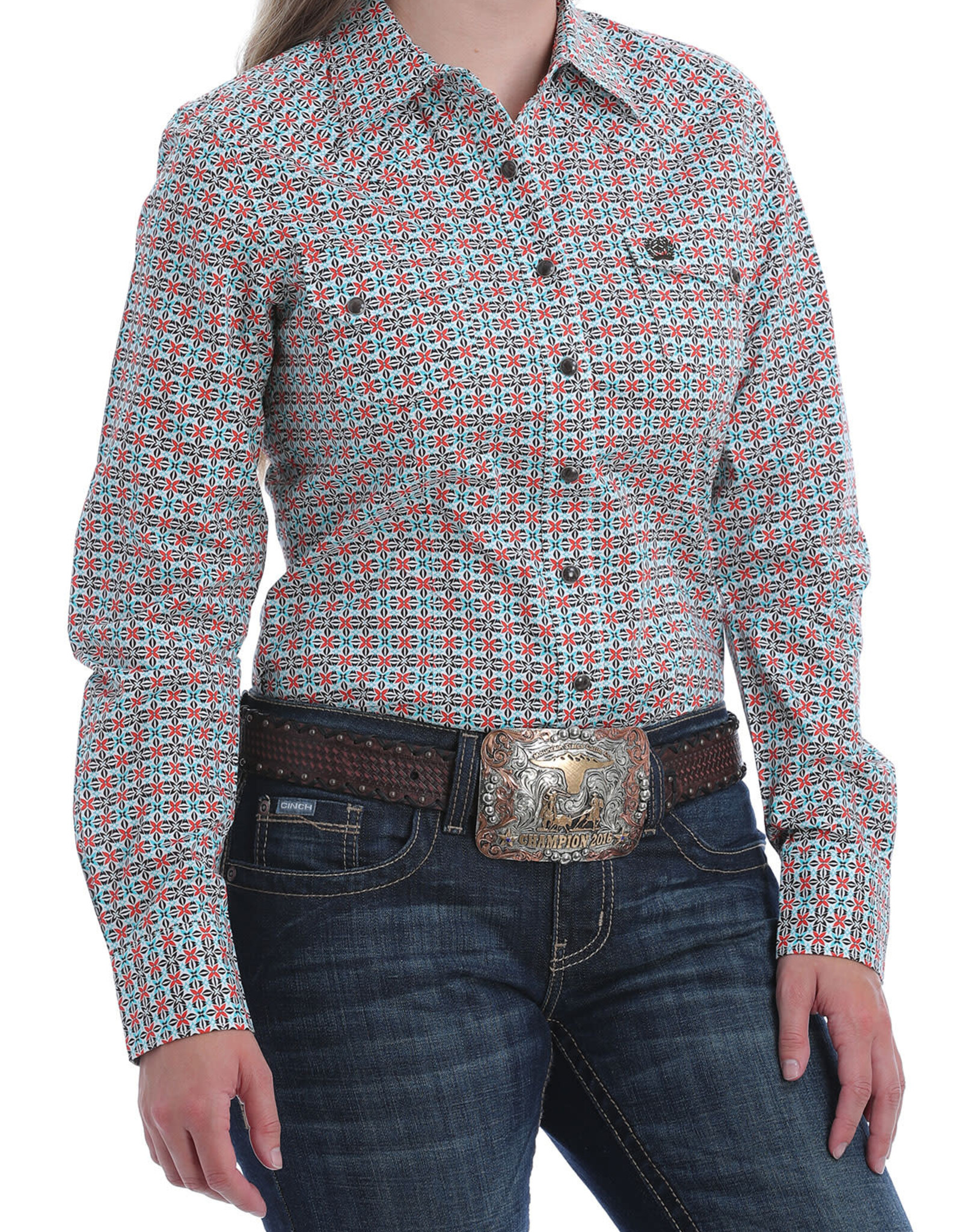 Cinch Womens Cinch Western Snap Shirt Brown Turquoise Rust Print