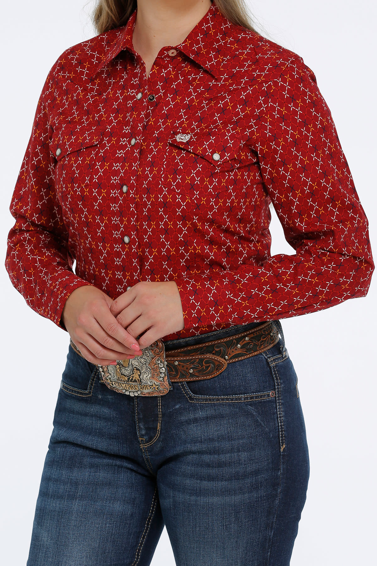 Womens Cinch Multi Color Stitch Print Snap Western Shirt 