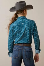 Ariat Womens Ariat Wrinkle Resistant Teal Steer Head Kirby Long Sleeve Western Arena Shirt