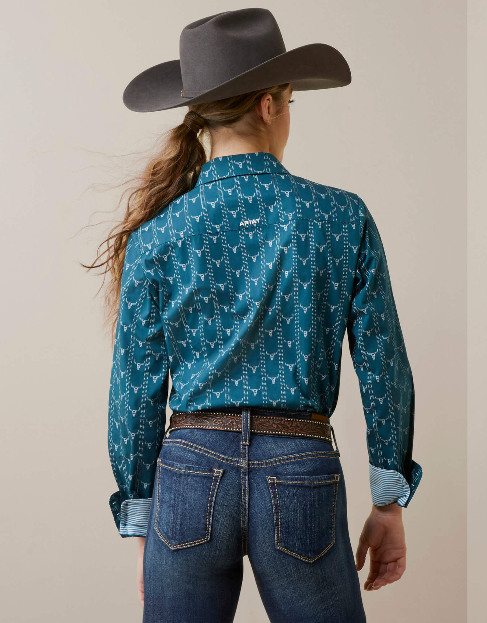 Womens Ariat Wrinkle Resistant Teal Steer Head Kirby Long Sleeve Western  Arena Shirt - Cowpokes Western Shop