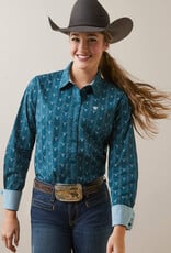 Ariat Womens Ariat Wrinkle Resistant Teal Steer Head Kirby Long Sleeve Western Arena Shirt